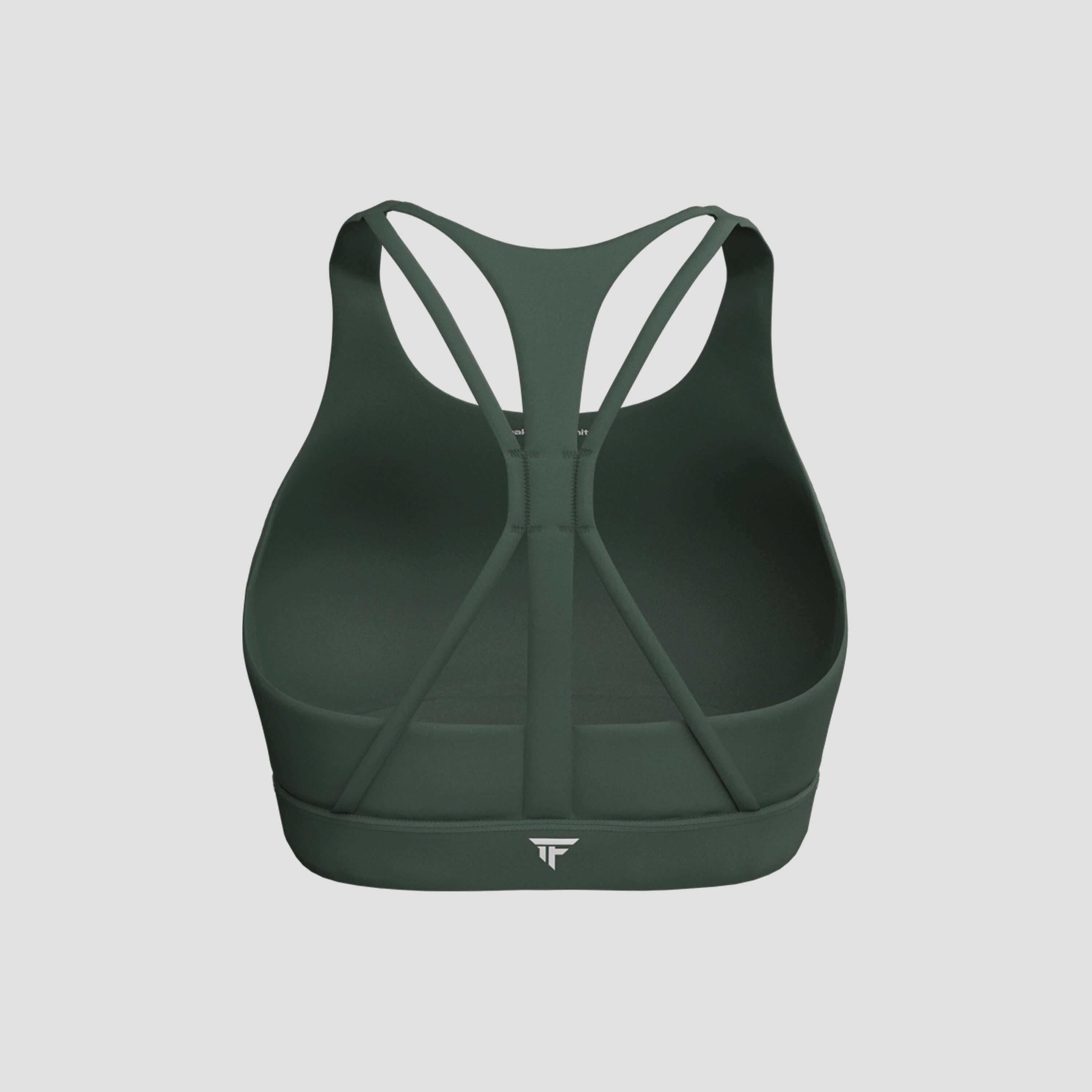 Back view of The Aura Strappy Bra in green color with a stylish strap design.