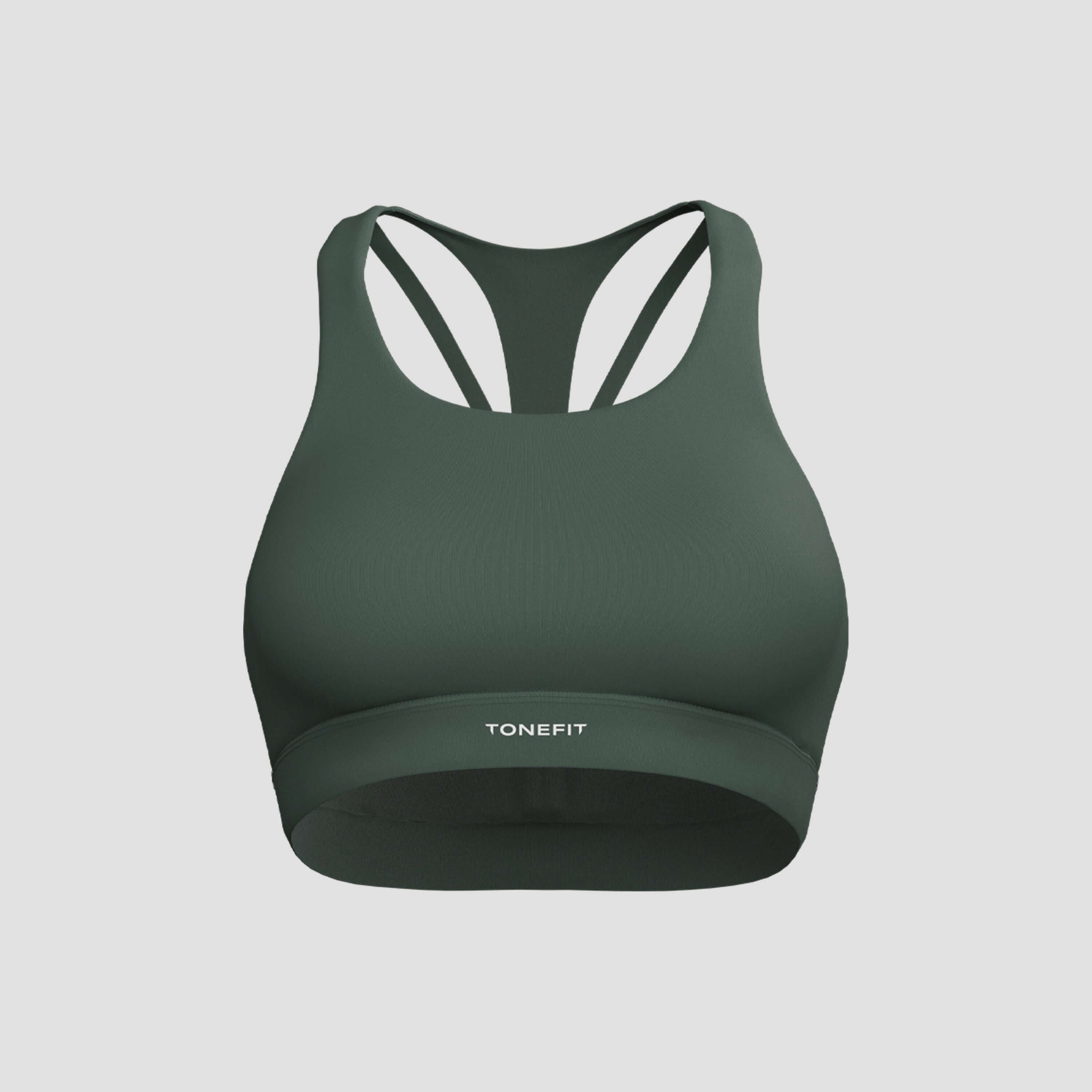 The Aura Strappy Bra in dark green, featuring intricate strappy design and supportive fit.
