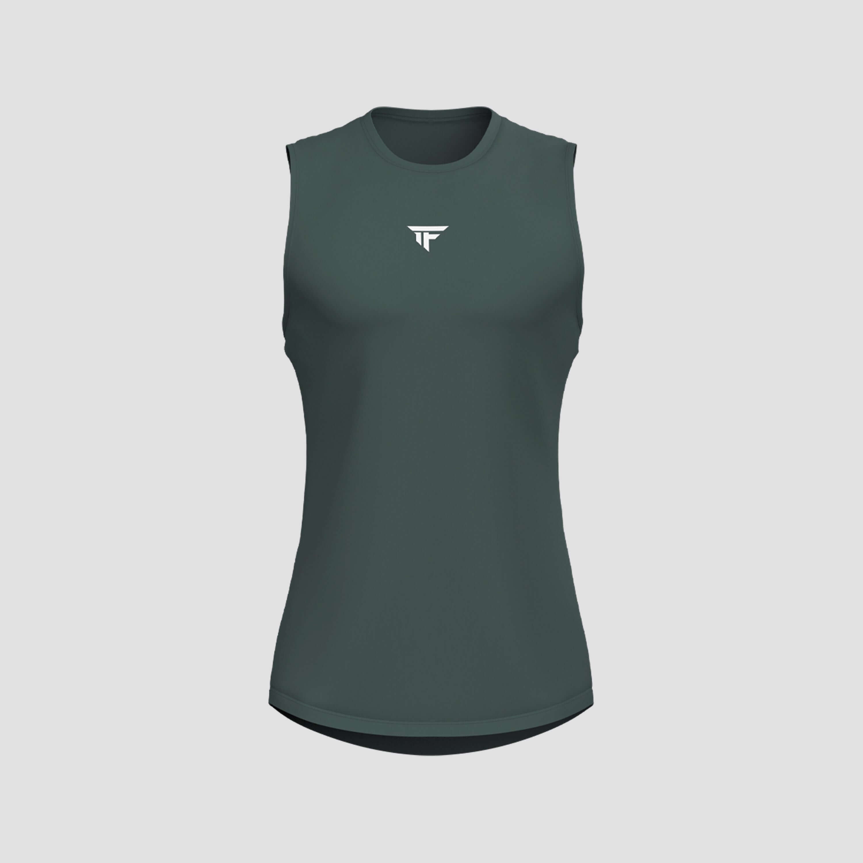 The Apex Scallop Tank in dark green, showcasing a sleek sleeveless design and logo on the front.