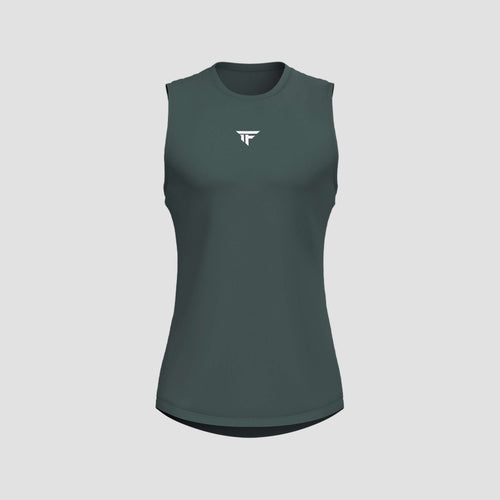 The Apex Scallop Tank in dark green, showcasing a sleek sleeveless design and logo on the front.