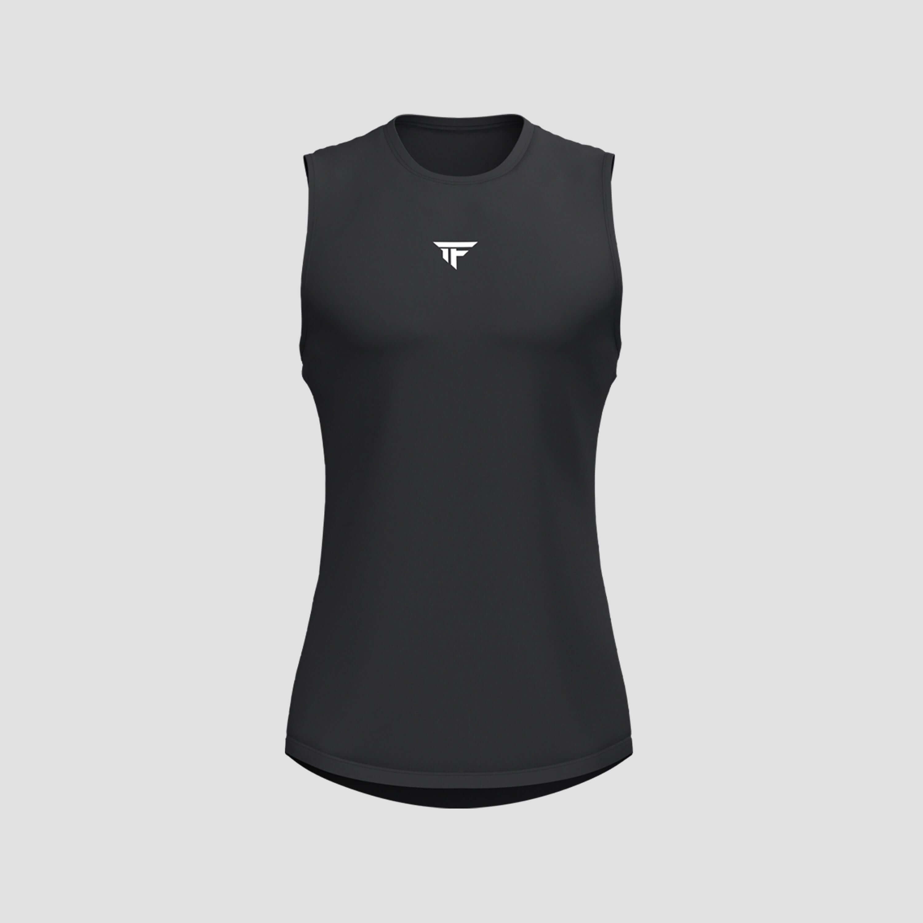 The Apex Scallop Tank in black, a stylish sleeveless athletic top, perfect for workouts and casual wear.