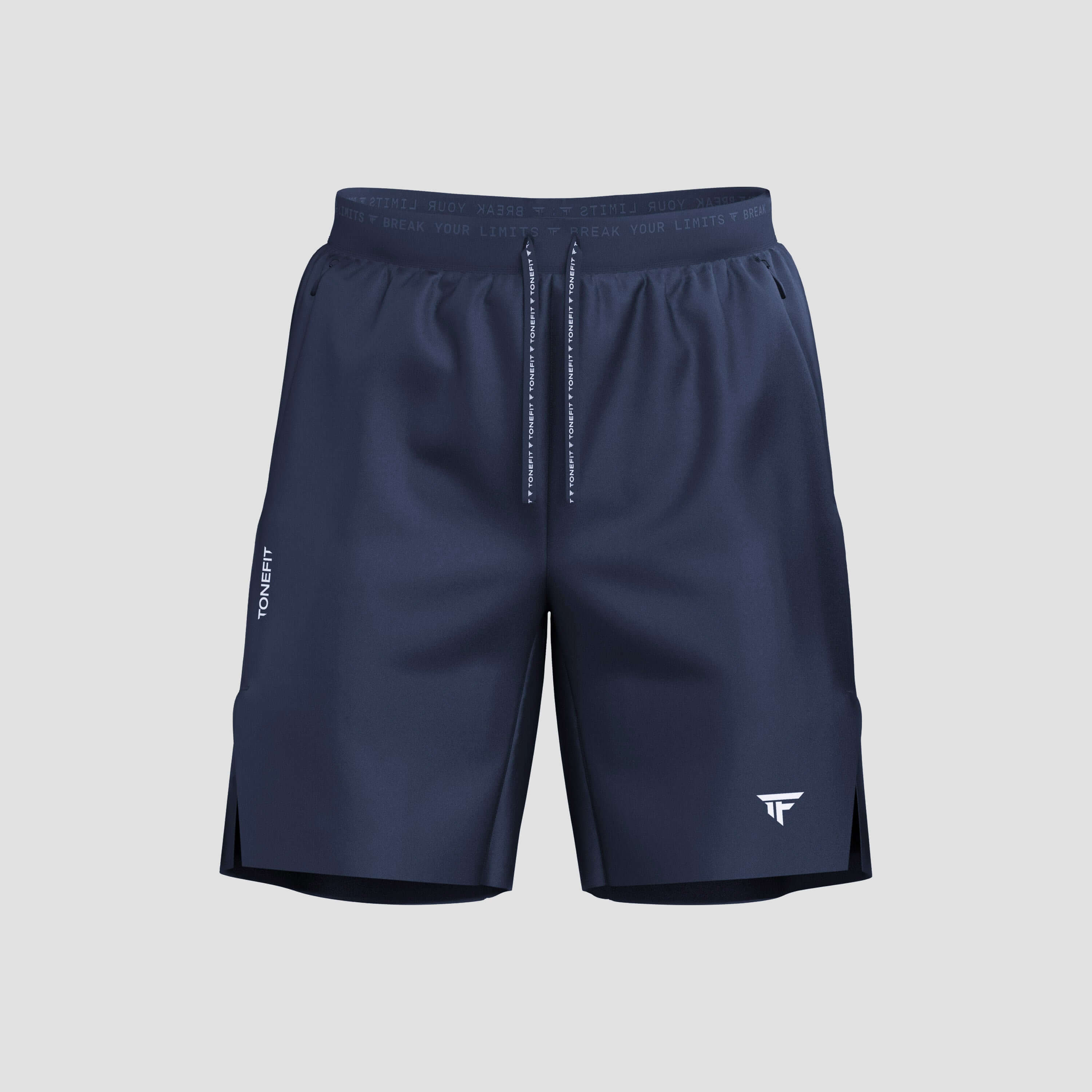 The Hybrid Training Short in navy color with elastic waistband and side hem slits for optimal movement.