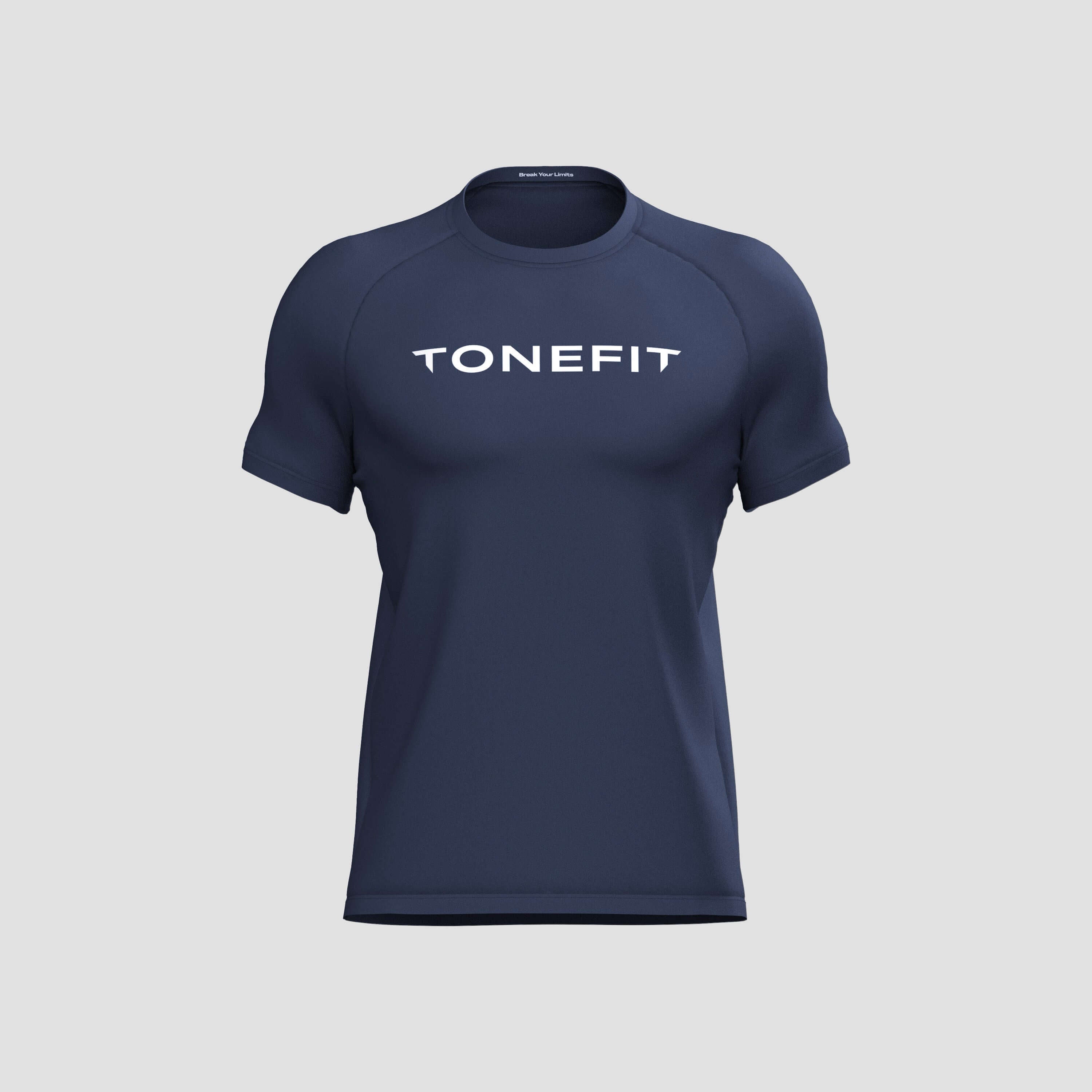 The Kinetic Raglan Tee in navy, featuring seamless shoulder construction for comfort and lightweight breathable fabric.