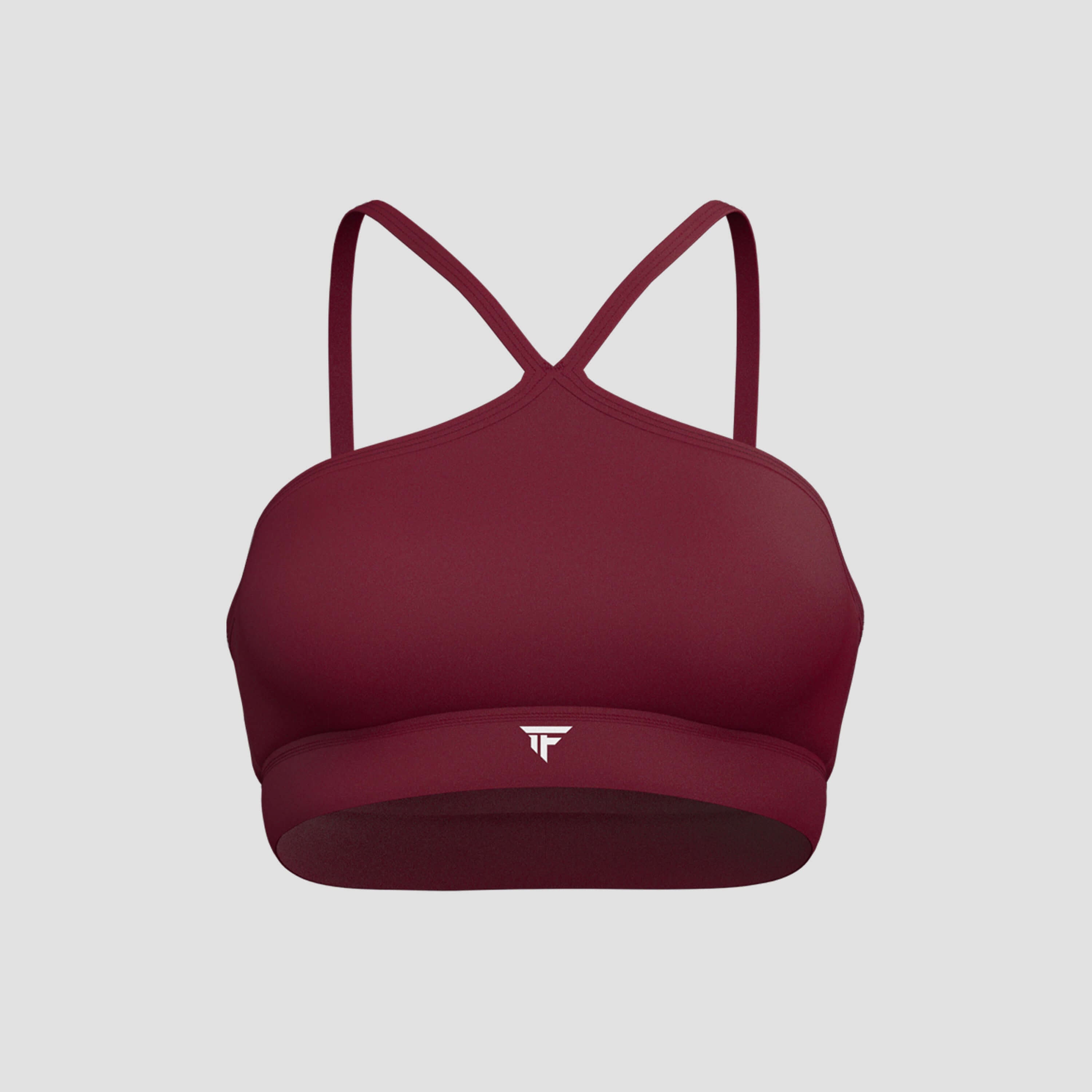The Contour Halter Bra in burgundy color showcasing its distinct neckline and supportive design.
