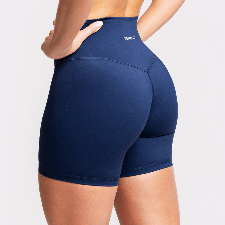 5 inch inseam gym shorts - The V-Sculpt by TONEFIT, showcasing a stylish high-waisted design in navy.