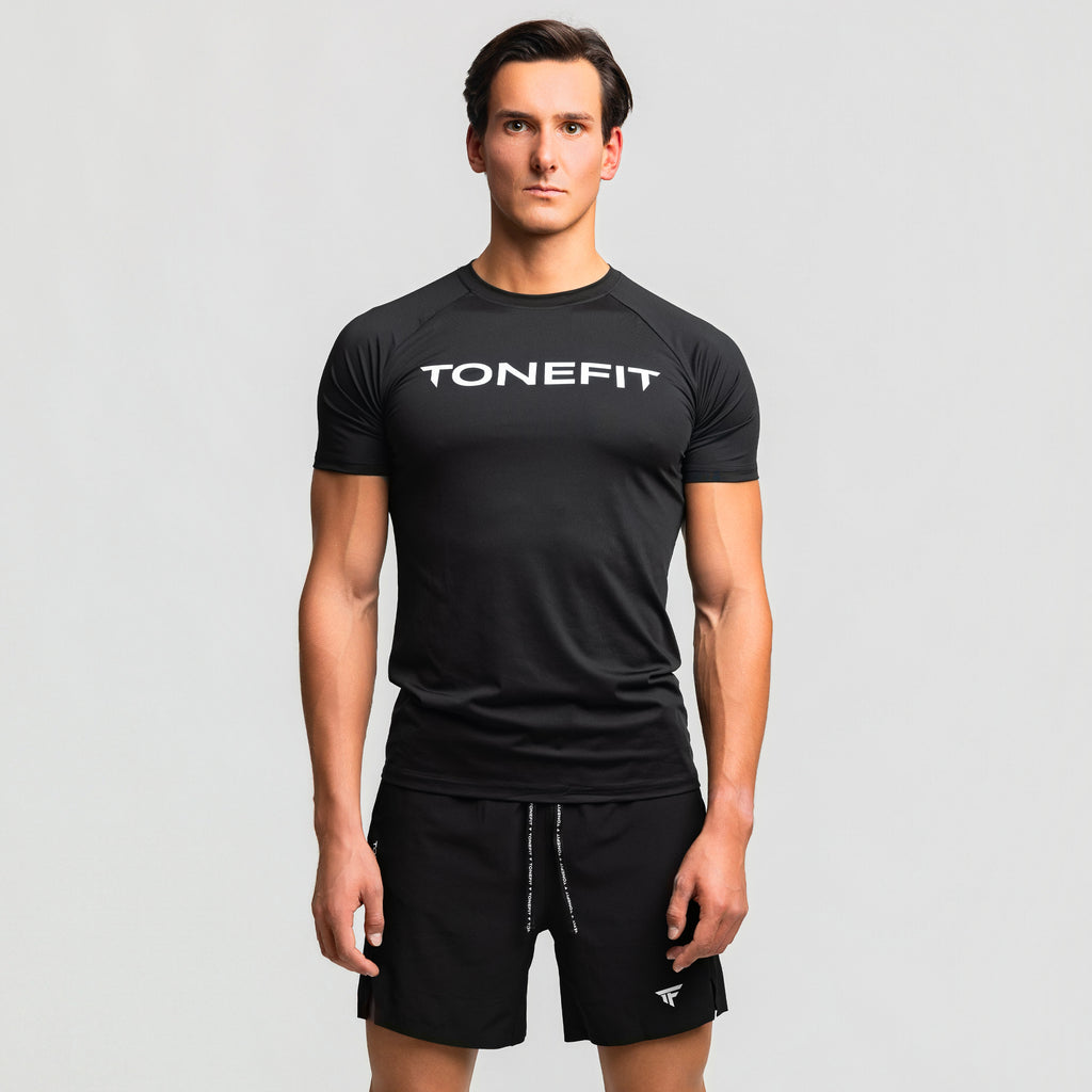 Front view of TONEFIT men’s gunpowder performance t-shirt with model wearing athletic fit.
