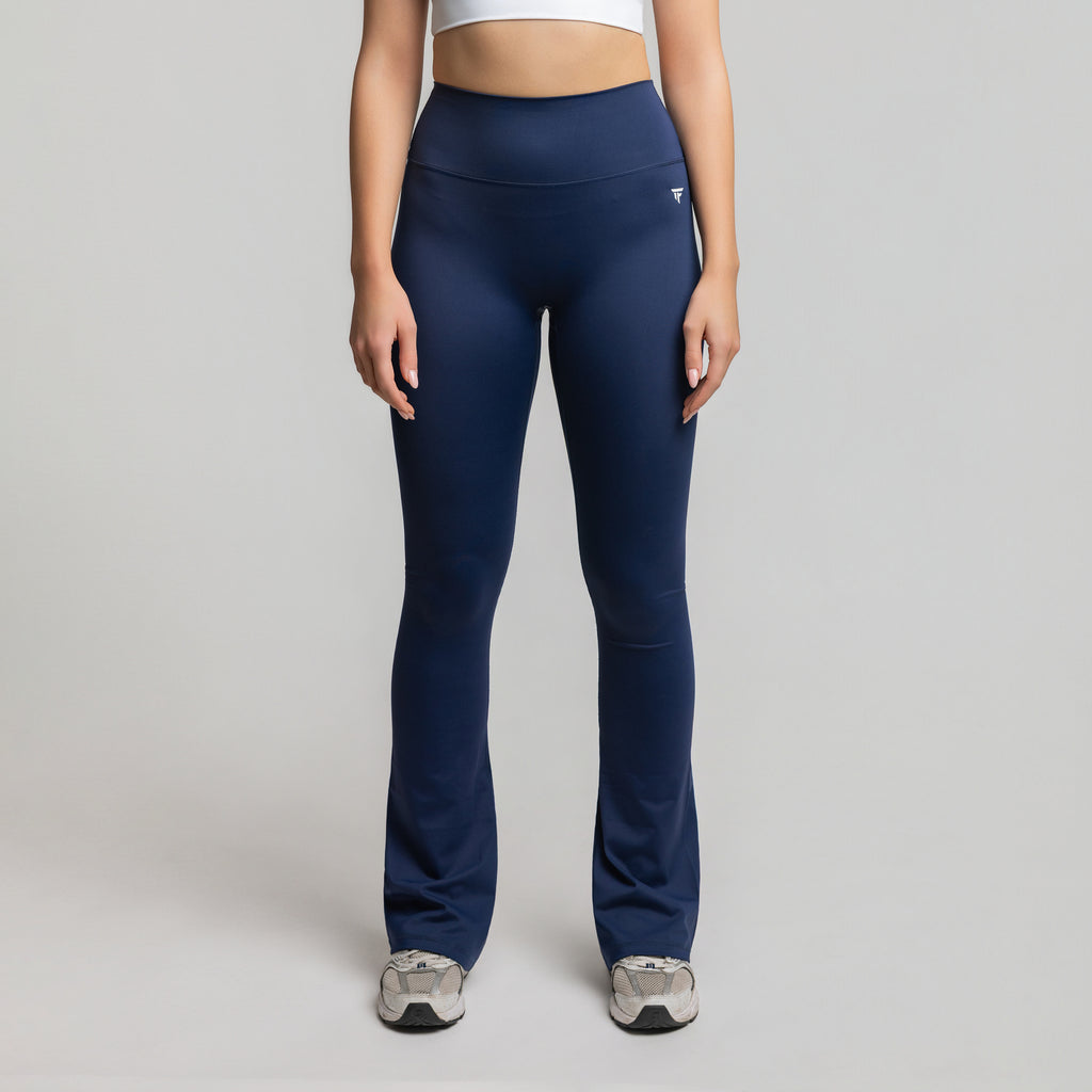 Front  view of Deep Sapphire Flare Leggings featuring curve-accentuating waistband