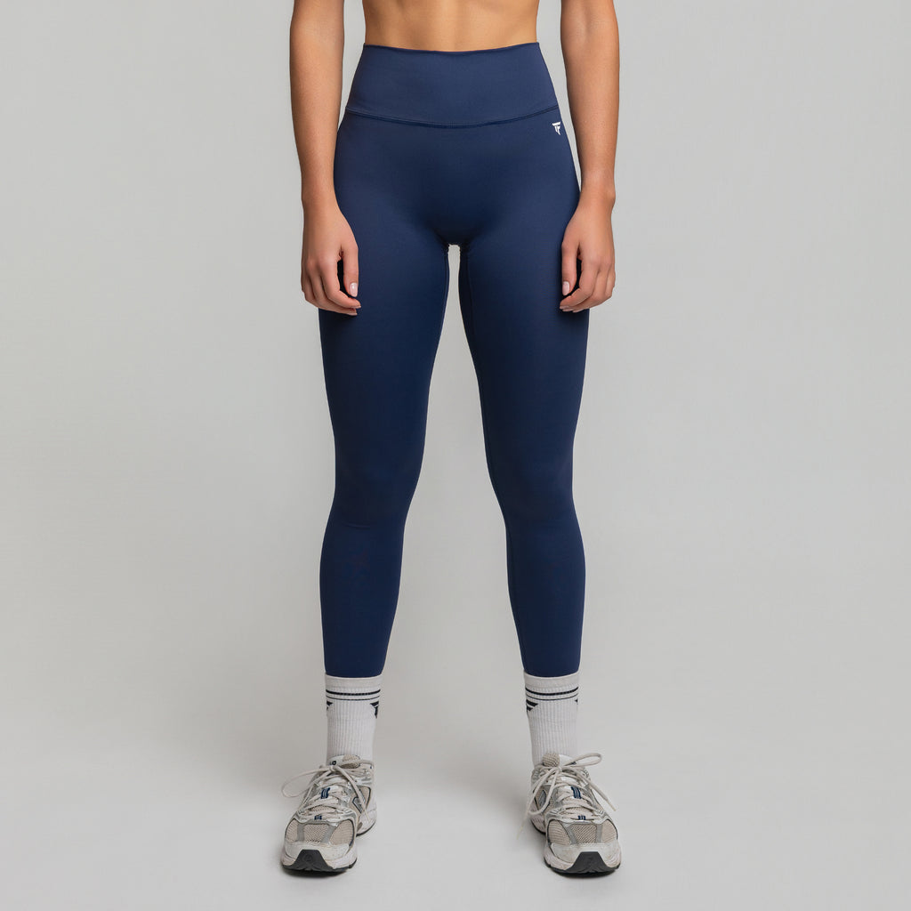 Front view of TONEFIT women’s V-Waist Sculpt Leggings in Deep Sapphire showing high-rise fit and full-length coverage
