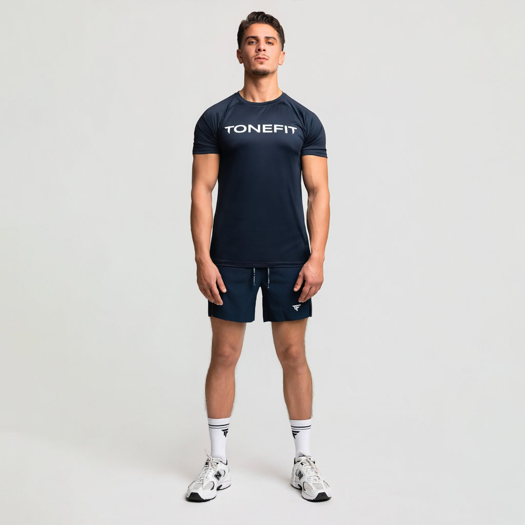 Front view of TONEFIT men's navy athletic short, SKU 1234