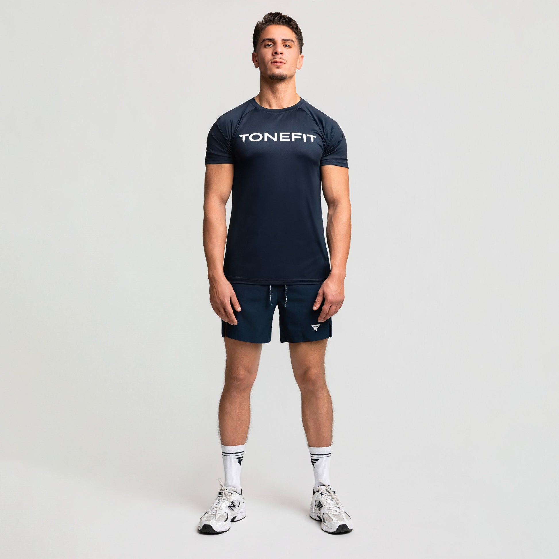 Front view of TONEFIT men's navy athletic short, SKU 1234